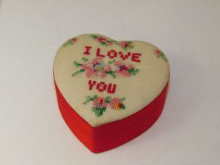 Vintage Hand Made Petit Point I Love You Heart Red Satin Trinket Box