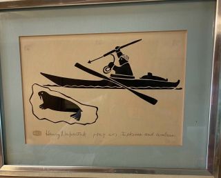 Pencil Signed Henry Napartuk Eskimo And Walrus Inuit Print In Frame