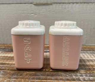 Vintage Mid Century Pink And White Plastic Salt & Pepper Shakers