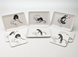 Black Cat And Fish Bowl Mishaps Minimalist Hard Plastic 8 Coasters And Plates