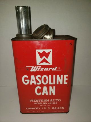 Vintage Western Auto Wizard Gasoline Red Metal 1 Gallon Gas Can W/pull - Out Spout