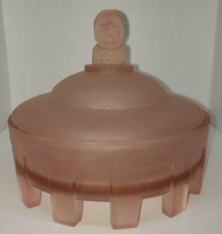 Vintage 1930s Satin Pink Glass Powder Box With A Jester On Top