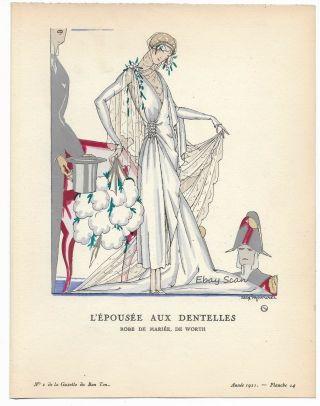 Gazette du Bon Ton Pochoir L ' epousee Aux Dentelles 1921 Art Deco Rzewuski 2