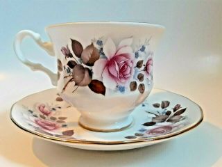 Queen Anne Footed Teacup And Saucer Fine Bone China England Vintage Pink Roses