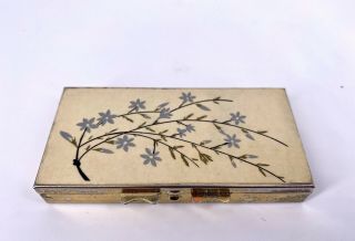Vintage Handpainted Hinged Metal Pill Box 7 Day Blue Cream And Gold Floral