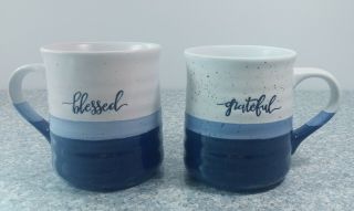 Set Of (2) Dowan " Grateful " & " Blessed " Stoneware Mugs Blue Gray White 4.  5 " Euc
