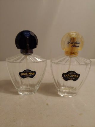 Two Vintage Guerlain Paris Perfume Parfum Bottles Shalimar Black And Gold Top