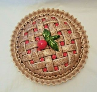 Vintage Ceramic Cherry Pie 9” Baker Server Plate With Lid 2