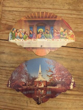 Two Vintage Tri - Fold Fans - Last Supper Schmidt & Son Funeral Home Elizabeth Nj