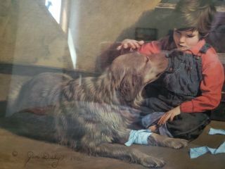 Signed Vintage Jim Daly Picture Boy & Dog With Bandage 1980 17 " ×14 " Wooden Frame