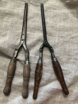 2 Vintage Antique Travelling Metal Hair Curler Curling Irons W/wooden Handles