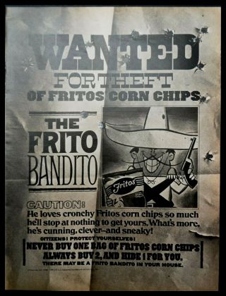 Rare 1968 Wanted For Theft Frito Bandito Pistol Sombrero Corn Chips - Vintage Ad