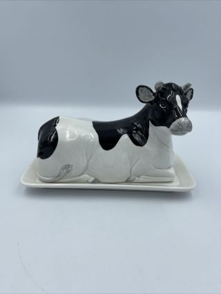 Vintage Otagiri Japan Ceramic Black & White Holstein Cow Covered Butter Dish