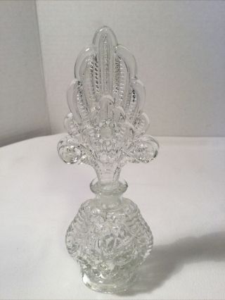 Vintage Pressed Glass Perfume Bottle With Ornate Stopper Floral Design 8”
