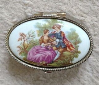Vintage Oval Possibly Silver Plated Pill,  Trinket Box With Ceramic Painted Lid