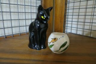 Vintage Ceramic Black Cat W/fish Bowl Salt & Pepper Shaker Set