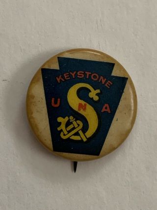 Keystone Union Made Overalls Advertising Pin 7/8 Celluloid Cleveland & Whitehill