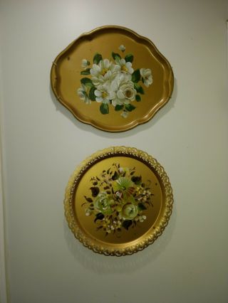 2 Vintage Metal Tin Tole Serve Tray Gold Hand Paint Floral Patina