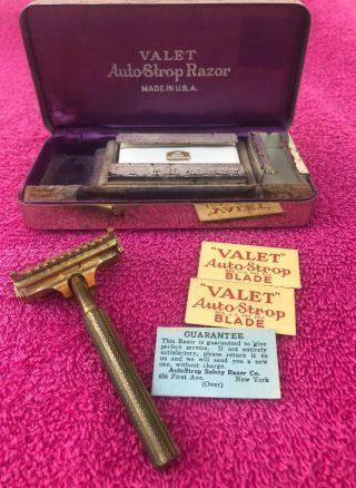 Vintage Valet Auto Strop Safety Razor W/ Metal Case,  Blades Usa Made