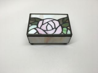 Vintage Stained Slag Glass Trinket Box Rose Design