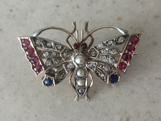 Victorian Diamond Ruby Sapphire And Pearl Butterfly Brooch Gold,  Silver Set