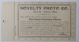 1890 Photographer Novelty Photo Co Ticket Card Good Doz.  Panelette S Andover,  Ma