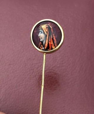 Antique Victorian Enamel Woman Face In Scarf Signed Favre 18k Gold Stick Pin
