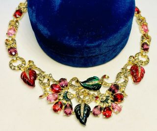 Rare Mazer Enameled Gold Ruby & Emerald Carved Leaves Necklace - Important Design
