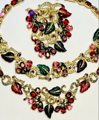 Rare Mazer Enameled Gold Ruby & Emerald Carved Leaves Necklace - Important Design 2