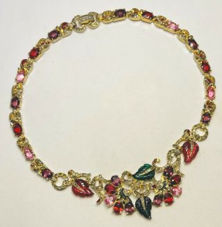 Rare Mazer Enameled Gold Ruby & Emerald Carved Leaves Necklace - Important Design 3