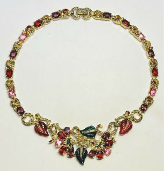 Rare Mazer Enameled Gold Ruby & Emerald Carved Leaves Necklace - Important Design 5