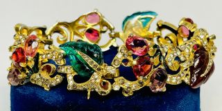 Rare Mazer Enameled Gold Ruby & Emerald Carved Leaves Bracelet - Important Design