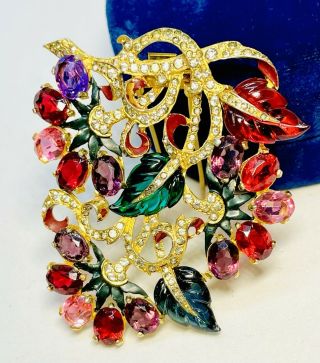 Huge Mazer Enameled Gold Ruby & Emerald Carved Leaves Pin - Important Rare Design