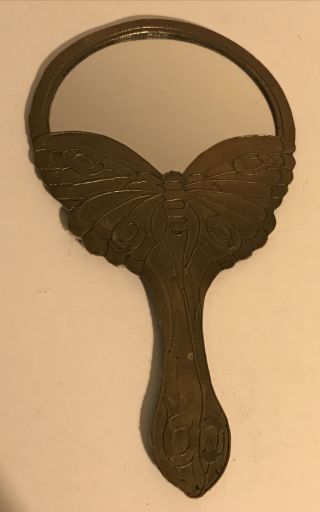 Vintage Vanity Hand Held Mirror - Brass - Art Deco Style - Butterfly Design - Rare