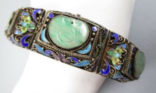 Stunning Vintage Chinese Export Sterling Silver Apple Jade Enamel Bracelet