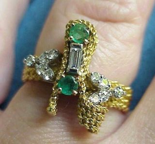 Fine Vintage Marked 750 Woven Italian 18kt Gold Diamond Emerald Italian Ring 8