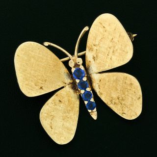 Vintage 14k Gold 0.  40ctw Old Round Blue Sapphire Florentine Butterfly Brooch Pin