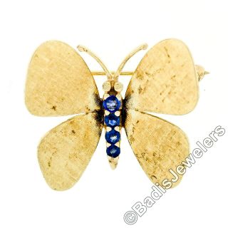 Vintage 14k Gold 0.  40ctw Old Round Blue Sapphire Florentine Butterfly Brooch Pin 2