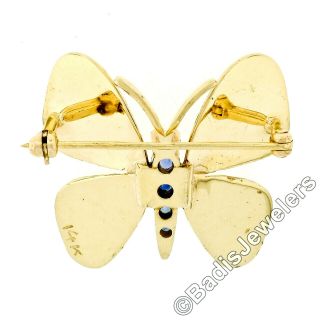 Vintage 14k Gold 0.  40ctw Old Round Blue Sapphire Florentine Butterfly Brooch Pin 5
