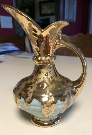 Vintage Blue Gold Plated Decorative Pitcher,  Vase Made In Usa 7 "