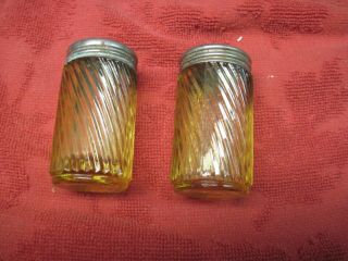Vintage Vaseline Ribbed Salt And Pepper Shakers,  With The Tops