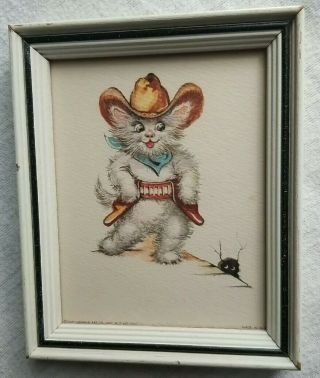 Vintage Framed 1957 Donald Art Co Print No.  2553 4 " ×5 " Kitten And Mouse Hole