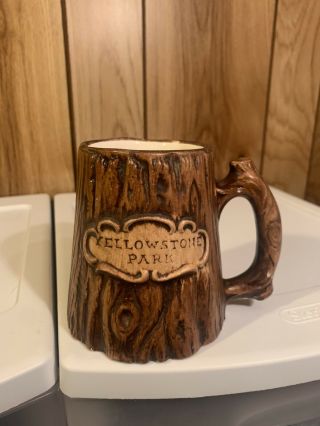 Vintage Rare Treasure Craft Yellowstone Park Tree Trunk Mug Cup Glass Wood