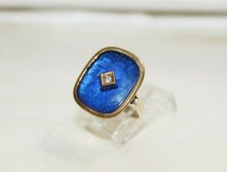 Estate Victorian 14 K Gold Blue Guilloche Enamel Diamond Ring Sz 5.  5
