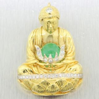 Buddha Vintage Estate 14k Yellow Gold Green Emerald & 1.  50ctw Diamond Charm