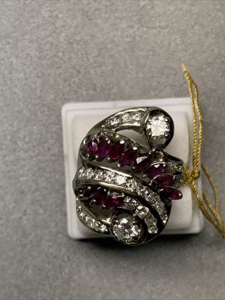 Killer Custom Made Retro Vintage Diamond Ruby Ring 14k White Gold