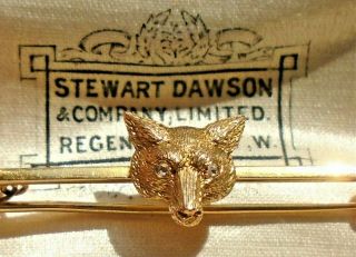Edwardian 15ct Gold Fox Head Brooch / Pin.  Diamond Eyes.  Hallmarked Boxed