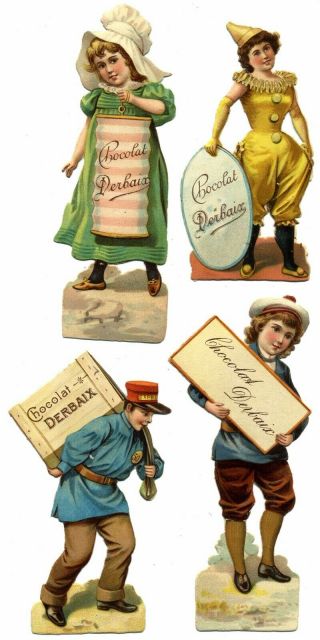 Chocolat Derbaix 4 Die Cut Cards - Little Girl,  Little Boy Postal Worker,  Clown