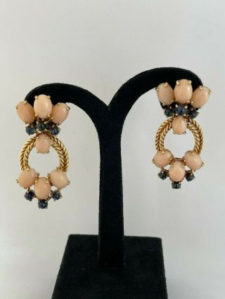 Rare Vintage Chaumet 18k Gold Ear Clips With Pink Coral And Sapphire