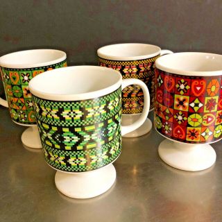 Mid Century Coffee Mugs Set 4 Mod Boho Patterns Pedestal Made Japan Bright Color